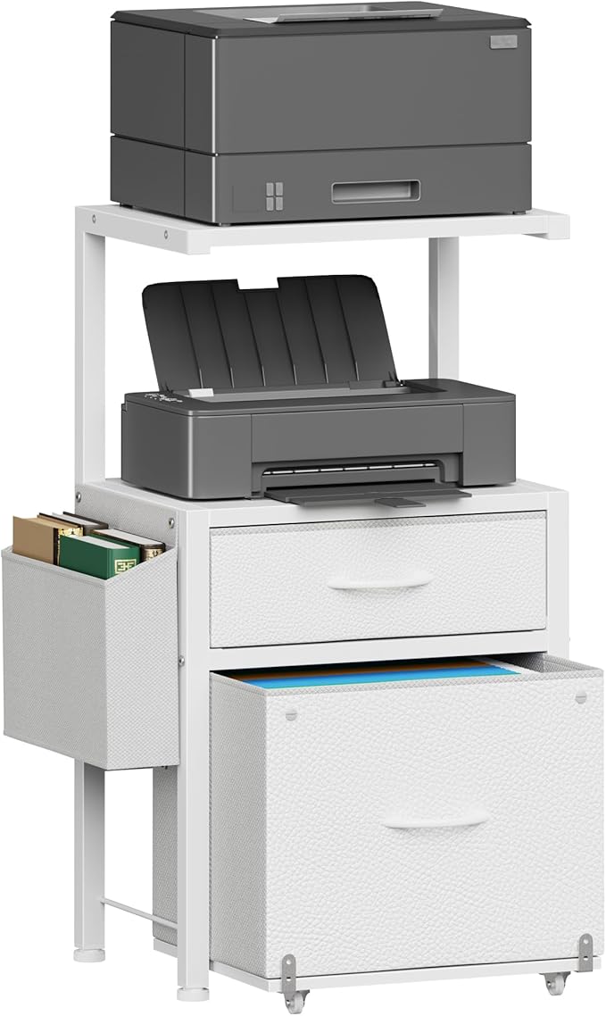 2-Drawer File Cabinet, Filing Cabinet with 2-Tier Printer Shelves, Office Cabinets with Side Bag&File Drawer for A4/Letter Size, Printer Stand with Storage for Home Office, White, 16.5" W