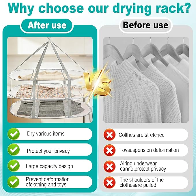 3-Tier Folding Mesh Clothes Drying Rack, Hanging Sweater Dryer for Laundry, Large Foldable Flat Dry Hanger, Portable Mesh Clothes Drying Net for Delicate Garments