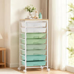 Rolling Cart with 8 Drawers, Plastic Drawer Storage Carts with Wheels & Wooden Tabletop, Metal Utility Cart Organizer for Bedroom Living Room Office Classroom Craft Organization and Storage, Green