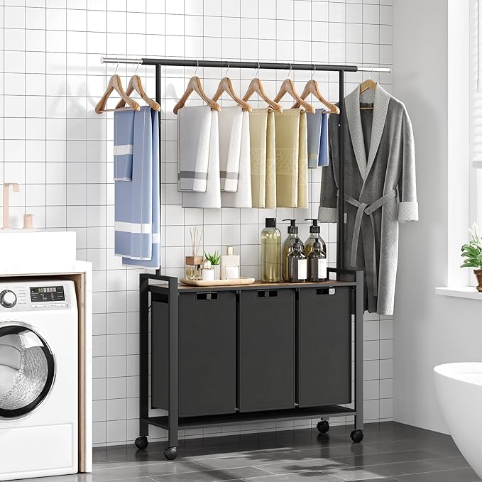 Laundry Sorter Cart with Hanging Rod, 3 Section Laundry Hamper with Wheels for Small Spaces, Laundry Organizer, Dirty Clothes Hamper for Apartment, Dorm