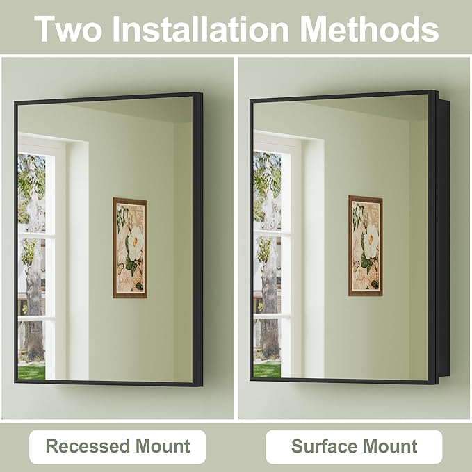 Buruis 20" x 28" Framed Medicine Cabinet with Mirror, Recessed or Wall Mounted Bathroom Cabinet, Adjustable Tempered Glass Shelves, Left/Right Open Reversible, No Assembly Required, Black
