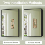 Buruis 20" x 28" Framed Medicine Cabinet with Mirror, Recessed or Wall Mounted Bathroom Cabinet, Adjustable Tempered Glass Shelves, Left/Right Open Reversible, No Assembly Required, Black