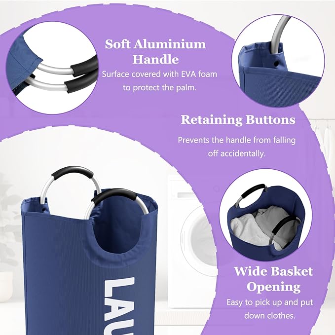 2Pcs Folding Laundry Basket for Adult, 95L Portable Laundry Baskets with Aluminum Handles, Multi-functional Dirty Clothes Hampers for Bedroom, Travel, Navy Blue + Pink
