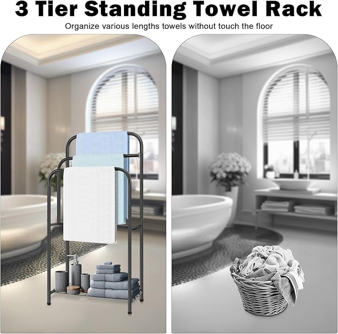 HarJue Towel Racks for Bathroom, 35" H Standing Towel Holder 3 Tier Metal Pool Towel Hanger Outdoor Floor with Storage Shelves for Blanket Bath Towel Drying (Matte Black)