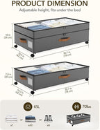 4 Pack Under Bed Storage with Wheels, Adjustable Height Storage Containers, 10 inches Large Capacity Rolling Underbed with Lids, Storage Drawers Shoes, Clothes, Blankets, Grey
