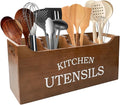 Kitchen Utensil Holder with Drainage Bottom, Extra Large 4 Compartments Solid Real Wood Utensil Organizer for Kitchen Counter, Farmhouse Cooking Tools Storage for Countertop, Brown