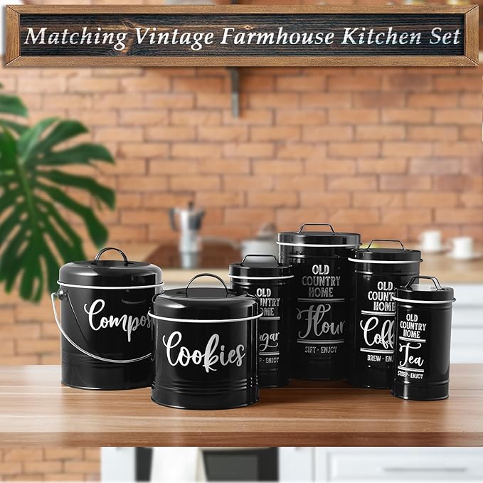 Farmhouse Cookie Jar for Kitchen Counter, 1 Gallon Vintage Cookie Jar with Airtight Lid, Large Food Storage Container for Candy, Cookies, Dessert, Black Kitchen Decor and Accessories