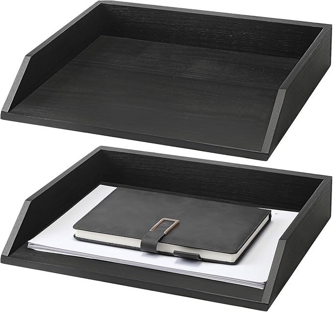 2 Pcs Wooden Letter Tray Wood Letter-Size Desk Organizer Heavy Duty 2 Tier Stackable Support Paper Tray Desktop Drawer File Folder Magazine Office Accessories Back to School(Black)