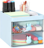 LETURE Small Desk Organizer With Drawer, Office Desktop Storage Box, Business Card/Pen/Pencil/Mobile Phone/Stationery Holder Storage Box, Makeup Organizer for Office School Home (Blue)