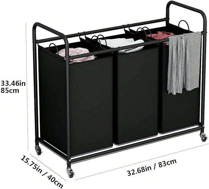 3-Bag Laundry Sorter Cart with Rolling Lockable Wheels, Removable Bags, 32.68 x 15.75 x 33.46 in, Black, Beige and Grey (Black)