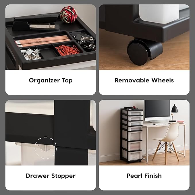 IRIS USA Plastic Drawer Storage Organizer Rolling Cart, with Wheels Casters, 2-Pack, 7-Drawers, for Classroom Art Craft Supplies Dresser Closet Bathroom Laundry Room, Black/Pearl