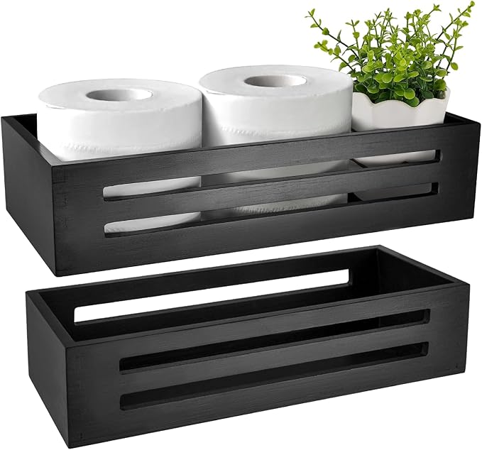 Bathroom Decor Box,Wooden Toilet Tank Topper Basket Tray,Back of Toilet Basket for Paper Storage Bathroom Counter Organizer (Black, Set of 2 Pieces)