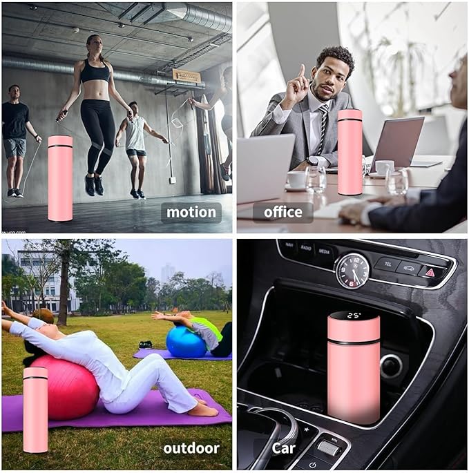 Smart Water Bottle Stainless Steel Vacuum Flask,Travel Mug with Smart LCD Touch Screen, Keep Hot Or Cold, Car Portable Travel Tea Coffee Vacuum Thermo Cup,Insulated Water Bottle (Pink)