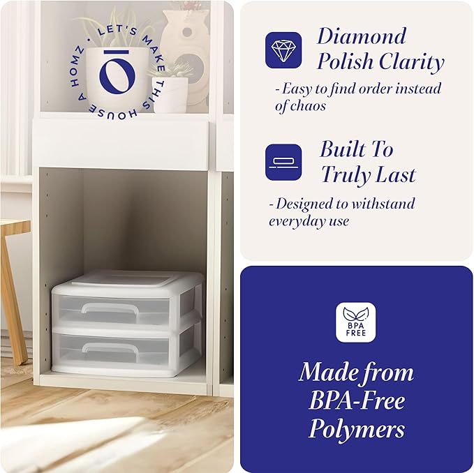 HOMZ 2-Pack 2-Drawer Storage Cart, Clear Plastic Drawers, 14.25" Wide Medium, White Frame - Organizing Drawer Containers for Home, Bathroom, Bedroom, Office, and Classroom