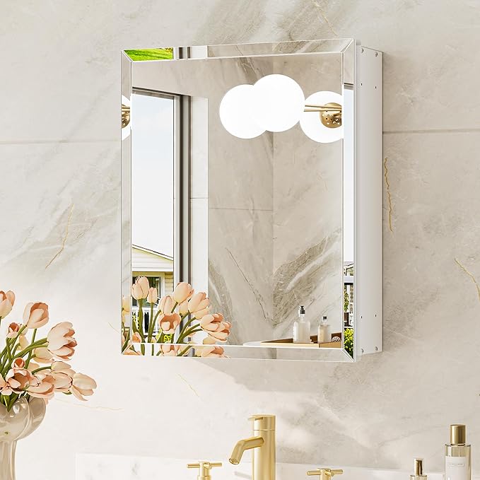 TokeShimi 14 x 18 Recessed Medicine Cabinet for Bathroom, Assembly Required, White Medicine Cabinet with Mirror, Tempered Beveled Mirror, Stepless Adjustable Shelves, DTC Hinge