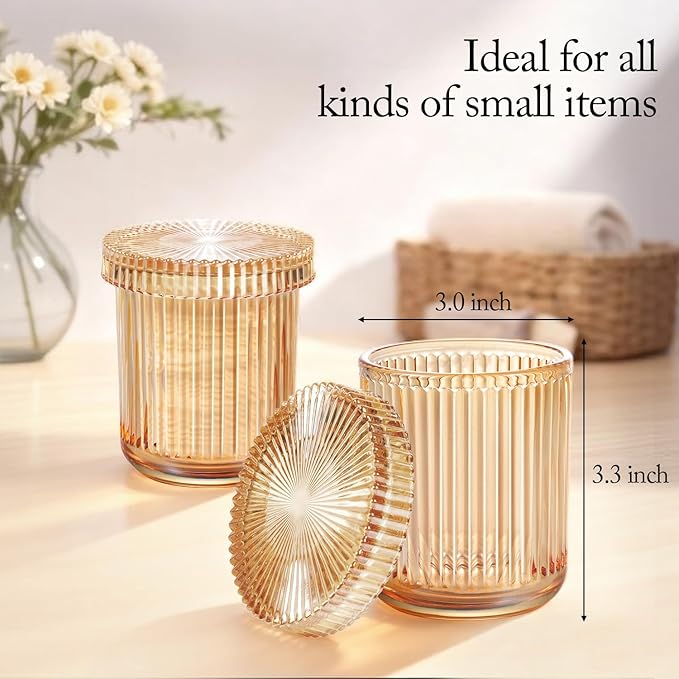SheeChung Amber Glass Apothecary Jars 2-Pack - Vintage Sunburst Bathroom Organizer & Storage Set - Qtip Holder Dispenser, Vanity Canister for Cotton Swabs, Balls, Pads - Luxury Modern Farmhouse Decor