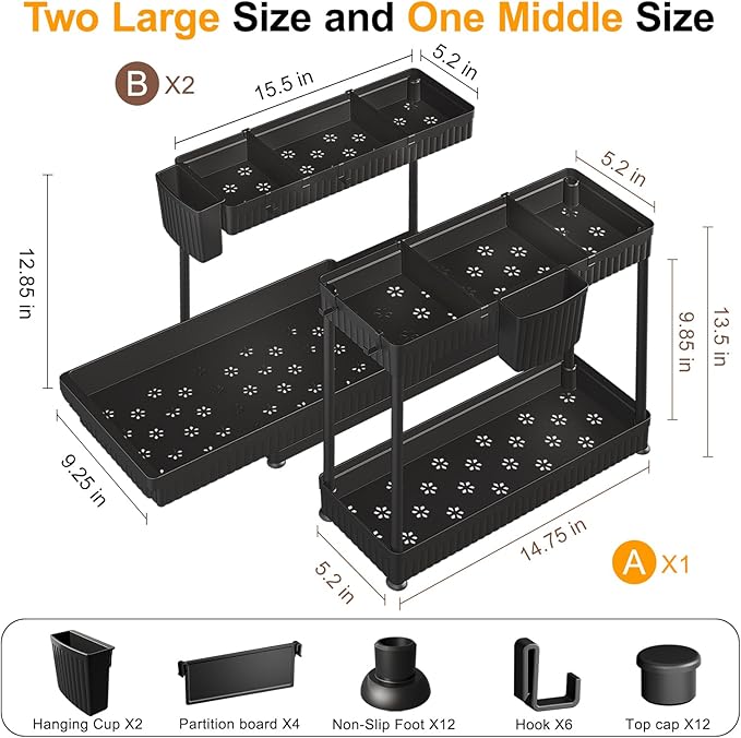 3 Pack Multi-Purpose Pull-Out Storage Organizers, 2-Tier L-Shaped Under Sink/Cabinet Organizers and Storage for Bathroom & Kitchen, Black, 12.8 Inches