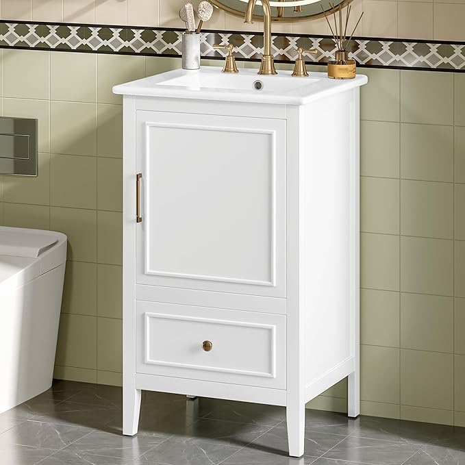 20 in Small Bathroom Vanity with Sink,Solid Wood Modern Single Bathroom Sink Cabinet with Soft Closing Door and Drawer,Freestanding White