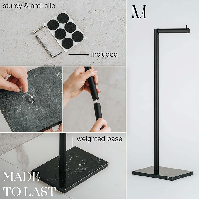 MARMOLUX ACC Free Standing Matte Black Toilet Paper Holder Stand Black Marble Base and Storage - 4 Jumbo Roll Bathroom Hardware Toilet Paper Stand - Stainless Steel Standing Toilet Paper Holder