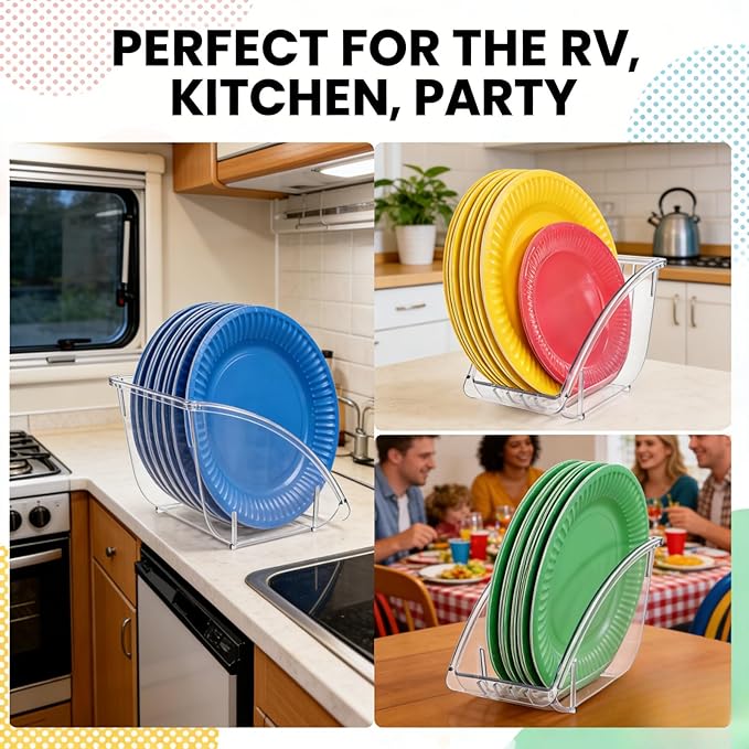 4 Pack 10 Inch Paper Plate Holder, Plastic Plates Dispenser Organizer, Under Cabinet Vertical Dinner Dish Drainer, Reusable Plate Drying Rack, Salad Dessert Dish Cradle for Kitchen Countertop