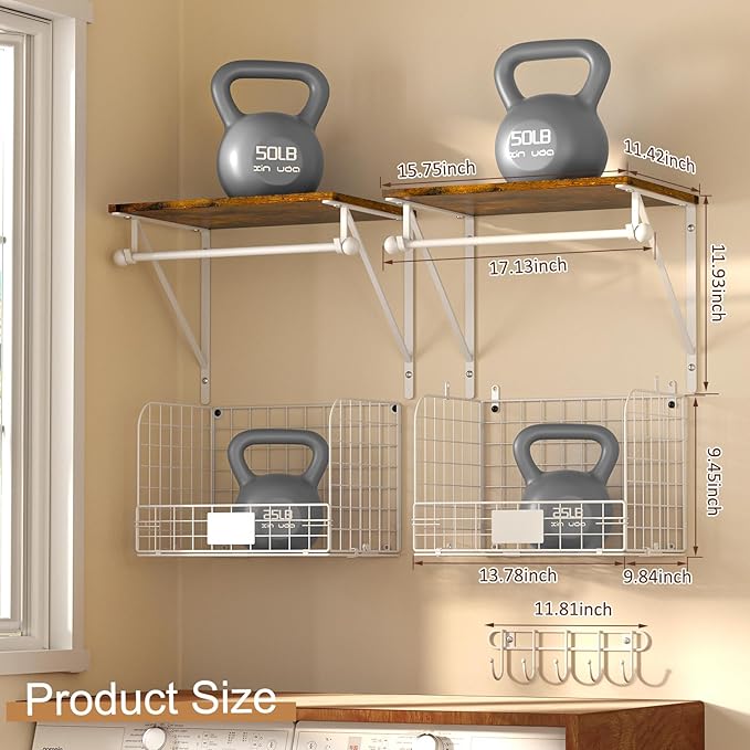 2 Set Laundry Room Wall Mounted Shelves With Wire Storage Baskets, Over Washer and Dryer With Hanging Rods and Hooks, for Organization and Storage, White, Wooden