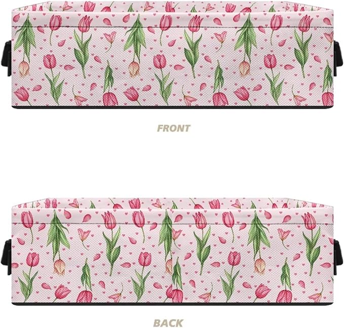 Storage Basket with Handles Collapsible Storage Bins Rectangular Fabric Organizer Box Multi-Use Shelf Baskets for Bedroom Bathroom Decor, Tulip Flower Pink Petal