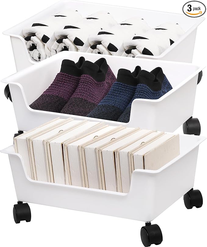 3 Pack Under Bed Storage, Underbed Toys Storage Containers with Wheels, Plastic Bedroom Storage Organization, Under Bed Storage Bins Drawer For Clothes Blankets Shoes Books, White