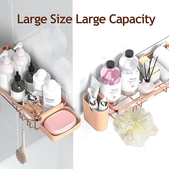 Shower Caddy Adhesive Shower Organizer 7-Pack, Rustproof Stainless Steel Bathroom Shelves, Large Capacity No-Drill Rack Storage Accessories with Soap Dish Toothbrush Holder Hooks
