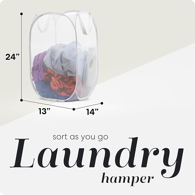 Handy Laundry Collapsible Mesh Pop Up Laundry Hamper 2-Pack, Wide Opening, Side Pocket, Space-Saving Foldable Basket for Clothes, Travel, Dorm, Kids Room, Breathable & Durable (White)