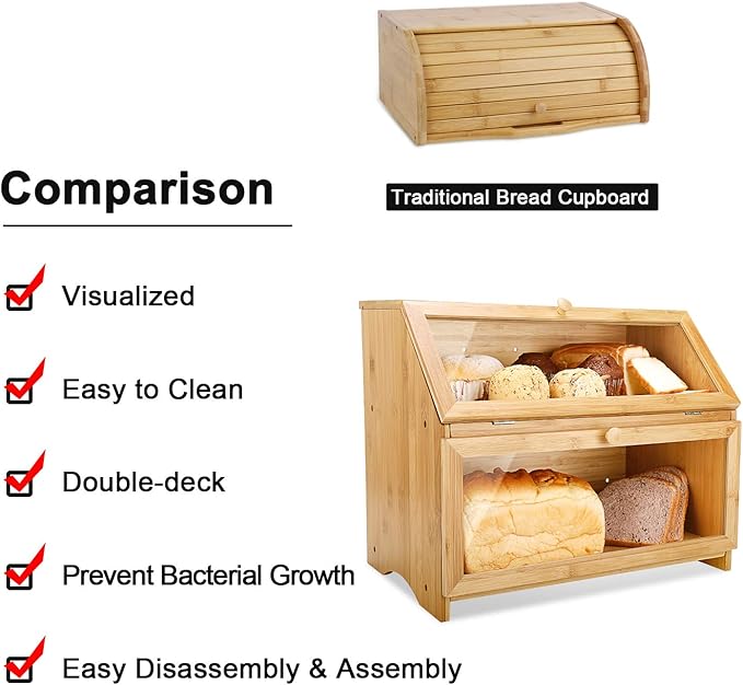 HOMEKOKO Double Layer Large Bread Box for Kitchen Counter, Wooden Large Capacity Bread Storage Bin (Natural Bamboo)