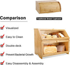 HOMEKOKO Double Layer Large Bread Box for Kitchen Counter, Wooden Large Capacity Bread Storage Bin (Natural Bamboo)