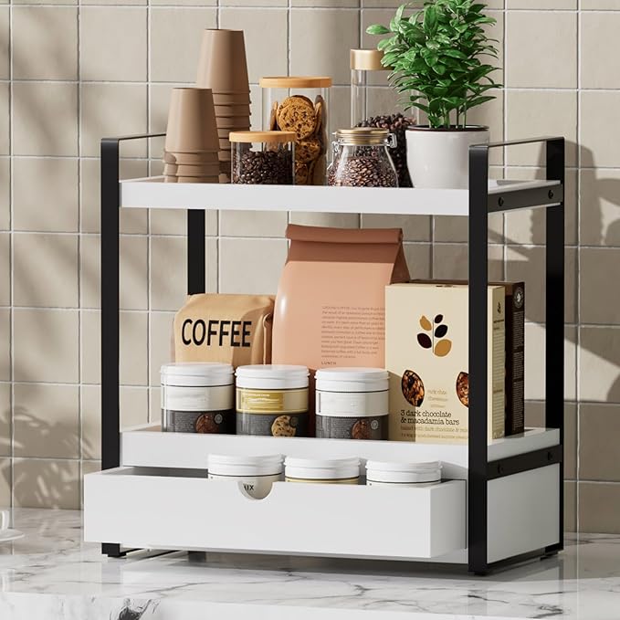 2-Tier Bathroom Organizer Countertop with Drawer, Wood Bathroom Counter Shelf for Storage, Vanity Organizer Countertop for Kitchen, Office