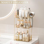 Bathroom Counter Organizer with Hair Dryer Holder, Hair Tool Countertop Storage, Cosmetics Skincare Shelf Organizer, Makeup Organizer Perfume for Dresser Vanity Tray(3 Tier-Gold)