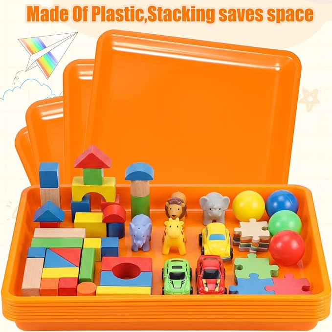 Maitys 15 Pcs Flat Plastic Trays 16.1 x 11.8'' Sensory Storage Paper Tray Stackable Classroom Bins for Office Home Organizer Crafts Supplies(Orange)