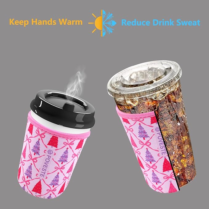 Reusable Neoprene Insulator Sleeve for Iced Coffee & Cold Soda, Coffee Sleeves for Iced & Hot Drinks, Cold Beverage Cooler Compatible with Starbucks, Dunkin (Christmas Tree, Large: 32oz)