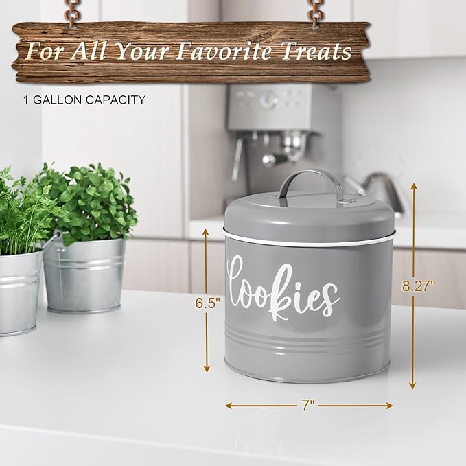 Gray Cookie Jar for Kitchen Counter, 1 Gallon Vintage Cookie Jar with Airtight Lid, Large Food Storage Container for Candy, Cookies, Dessert, Farmhouse Kitchen Decor and Accessories