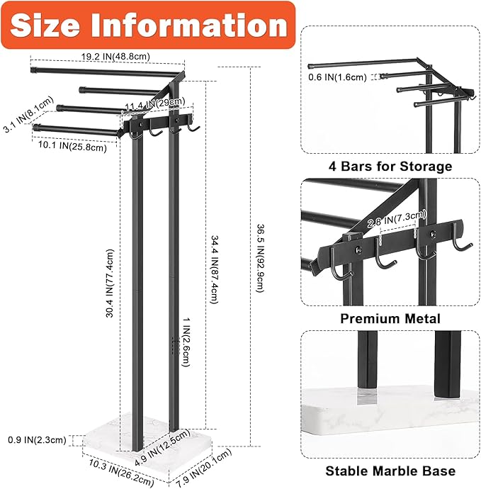 HarJue Towel Rack for Bathroom, 36” H Towel Holder Stand, Bath Towels Sheet Holder with Marble Base, Standing Rack for Home Pool Outdoor Floor, Store Family Member Towels (Black, 36” H-Hooks)