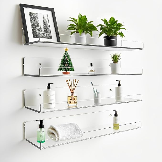 Acrylic Shelf Set 4 Pack Wall Ledge Shelves Display Bookshelf Bathroom Shelves Wall Mounted Picture Shelf Ledges for Bathroom Living Room Bedroom Kitchen(Clear)