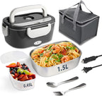 Electric Lunch Box, 12V/24V/110V Portable Food Warmer with SS Fork & Spoon for Car/Truck/Office, 80W Self Heating Lunch Box with 1.5L 304 Stainless Steel Container & 0.45L PP Fruit Box Beige