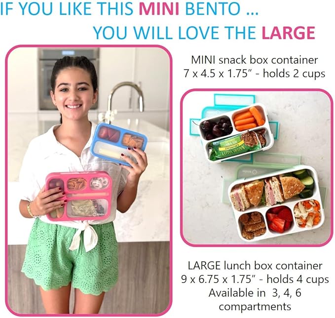 Small Snack Containers for Kids Toddlers - 3 Compartments (Set of 2) - Leak-proof Reusable Snack Boxes with Lids - BPA-Free Mini Bento Lunch Box - Ideal for School, Daycare, Holds 2 Cups (Pink + Blue)