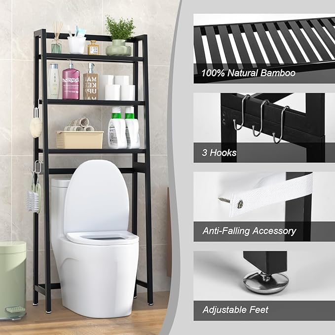 VASMIA Over The Toilet Storage,Bamboo 3-Tier Bathroom Organizer Over Toilet Storage Cabinet,Freestanding Space Saver with 3 Hooks Black