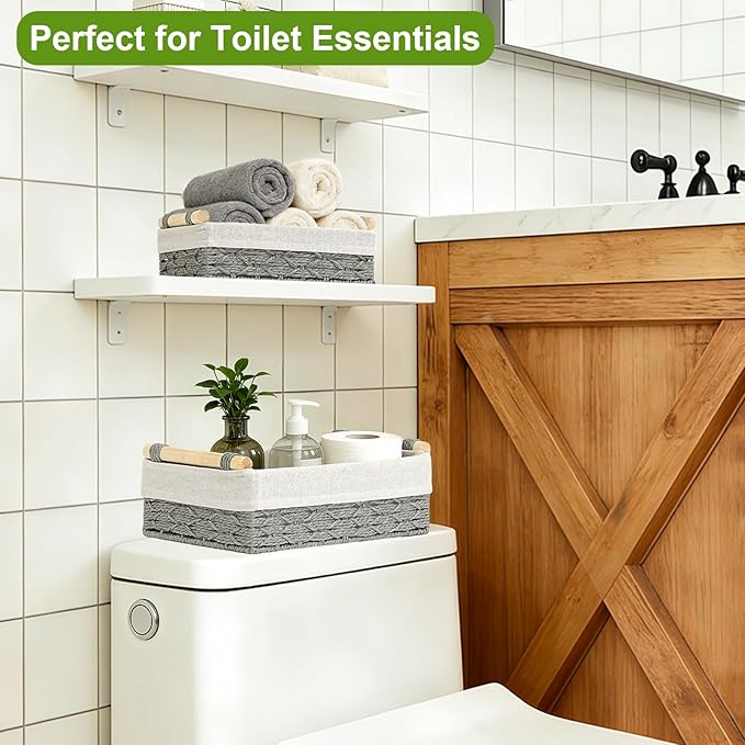 2 Pack Woven Toilet Paper Storage Baskets for Organizing with Wooden Handles, Toilet Paper Basket for Back of Toilet Top, Toilet Tank Topper Tray, Decorative Bathroom Basket Organizer for Shelves,Gray