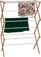 Household Essentials Bamboo Folding Clothes Drying Rack | White Finish, 11 Dowels & Flat Drying Shelf | Eco-Friendly, Collapsible Laundry Rack for Dorms, Apartments & Small Spaces | Fully Assembled