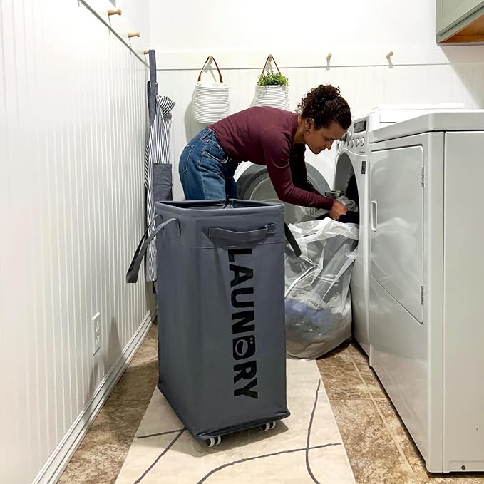 CHICVITA Hamper with Wheels 2-Pack, 75L Large Laundry Baskets with Removable Wash Bags, Foldable Laundry Baskets with Slim Design for Corner Dorms, Rolling Laundry Hamper on Wheels, Grey