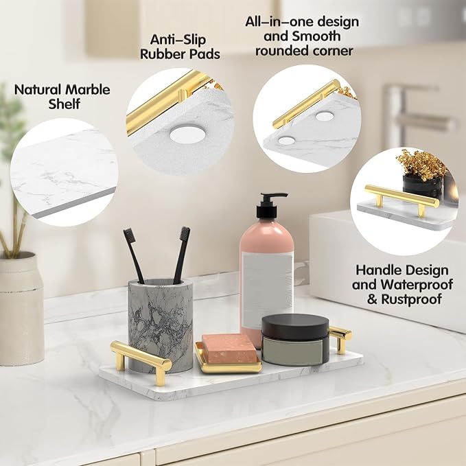Guest Towel Holder Tray for Bathroom,Marble Slab with Handles -Napkin Holder for Kitchen - Bathroom Tray (Gold,Small)