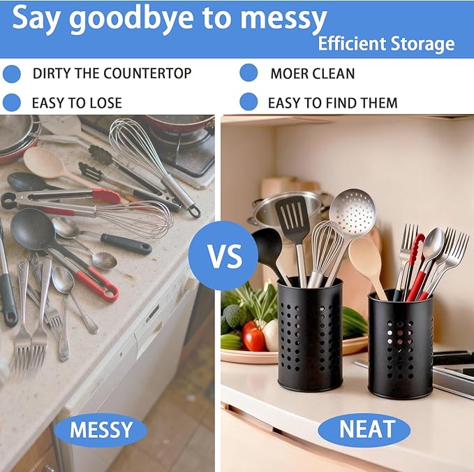 2PCS Stainless Steel Kitchen Utensil Holder, Utensil Caddy & Organizer for Drying Cooking Spoons Utility Sturdy Home Kitchen Daily Use Utensil Drainer (BLack)