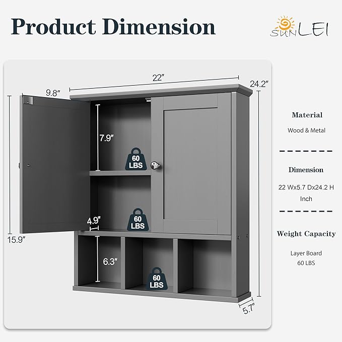Bathroom Wall Cabinet, Bathroom Cabinet Wall Mount Organizer Shelf for Toiletries, Towels & Essentials – Waterproof MDF, Space-Saving Bathroom Storage, Grey