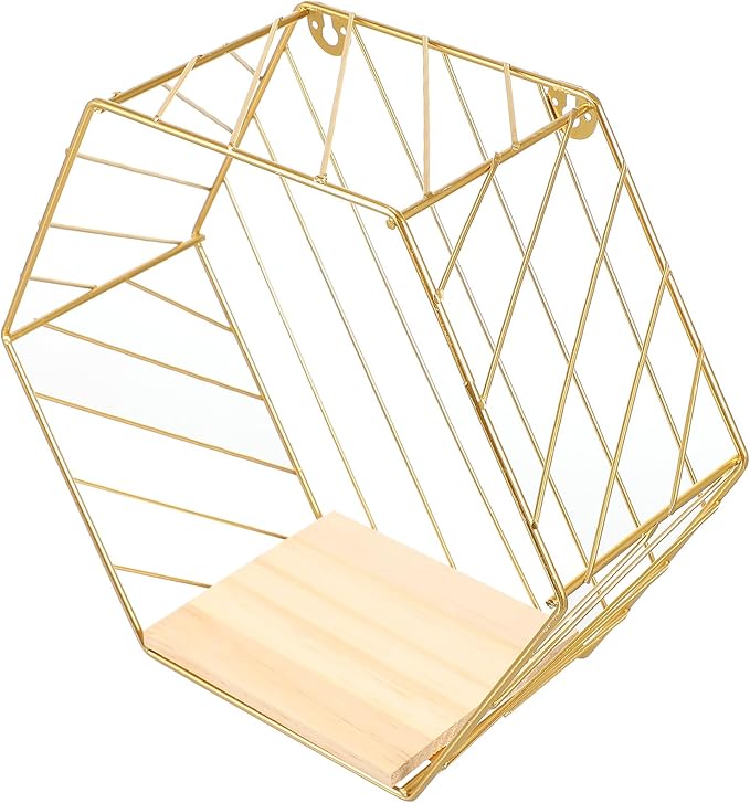 Wall-Mounted Iron Storage Rack Punch-Free Decorative Hexagon Shelf Gold Finish with Hooks for Bathroom and Living Room Organization