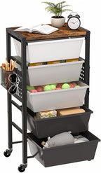 Rolling Cart with Drawers, Rolling Storage Cart with Large Plastic Drawers & Wooden Tabletop, Utility Cart with Pegboards & Basket, Storage Drawers Cart for Living Room, Classroom, Bedroom, Office