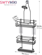 SWTYMIKI Bathroom Shower Caddy Hanging - 3 Tier Rustproof Over Shower Head Organizer, No Drilling Bathroom Shelf with 16 Hooks & Soap Holder, Anti-Swing Rack for Shampoo,Sponge,Towel, Black, Medium
